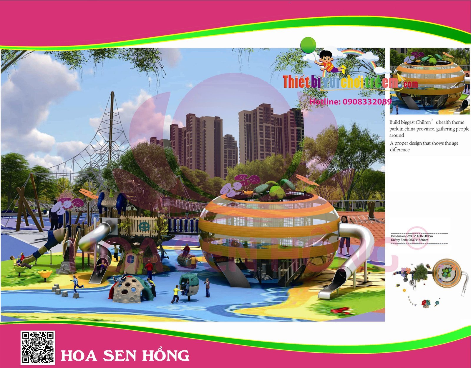 Cầu trượt liên hoàn ngoài trời OD-01-117 cho sân chơi ngoài trời khu chung cư, trường mầm non, resort, công viên – Hoa Sen Hồng
