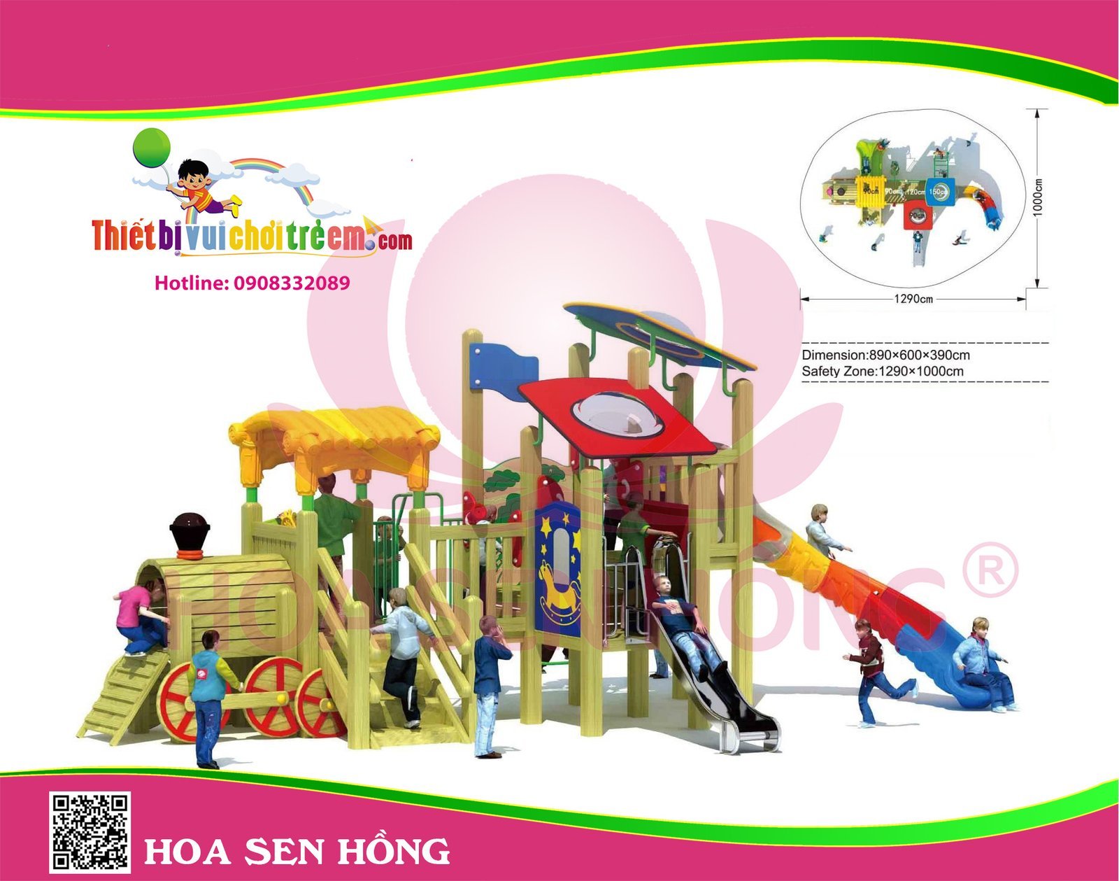 Cầu trượt liên hoàn ngoài trời OD-01-133 cho sân chơi ngoài trời khu chung cư, trường mầm non, resort, công viên – Hoa Sen Hồng