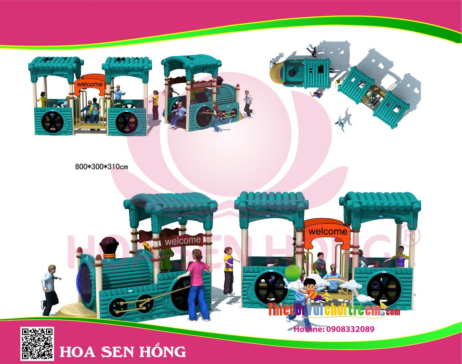 Cầu trượt liên hoàn ngoài trời OD-01-140 cho sân chơi ngoài trời khu chung cư, trường mầm non, resort, công viên – Hoa Sen Hồng