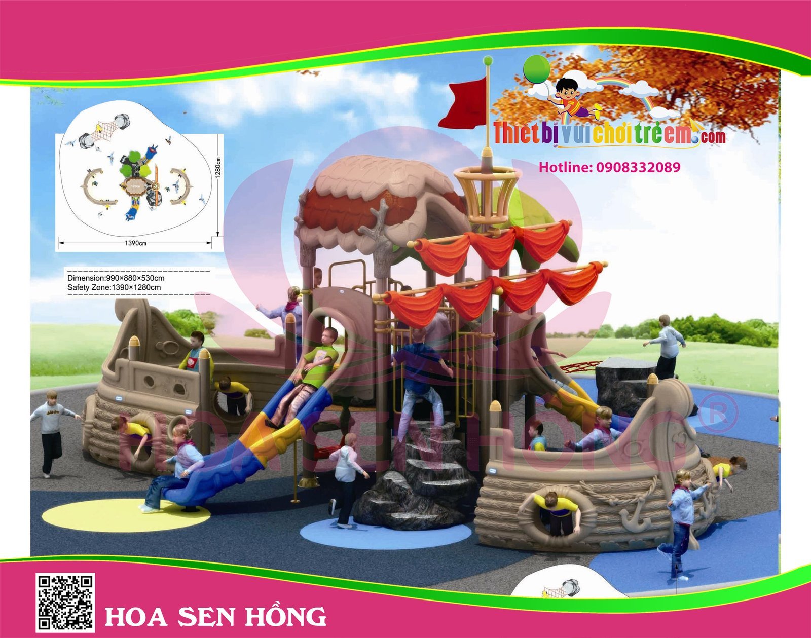 Cầu trượt liên hoàn ngoài trời OD-01-152 cho sân chơi ngoài trời khu chung cư, trường mầm non, resort, công viên – Hoa Sen Hồng