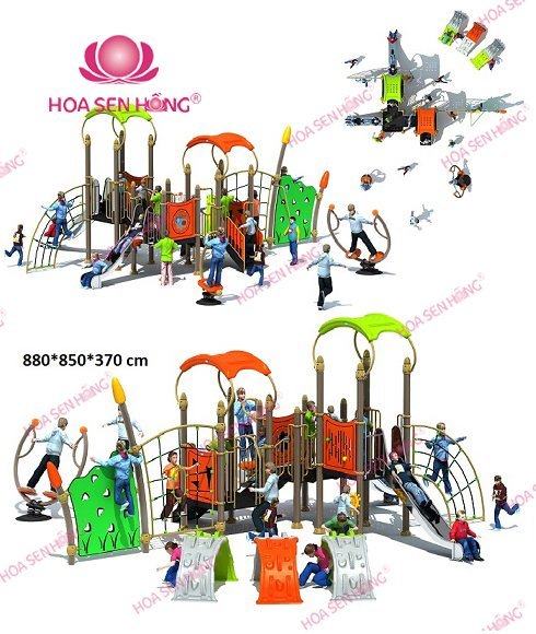 Cầu trượt liên hoàn ngoài trời OD-01-49 cho sân chơi ngoài trời khu chung cư, trường mầm non, resort, công viên – Hoa Sen Hồng