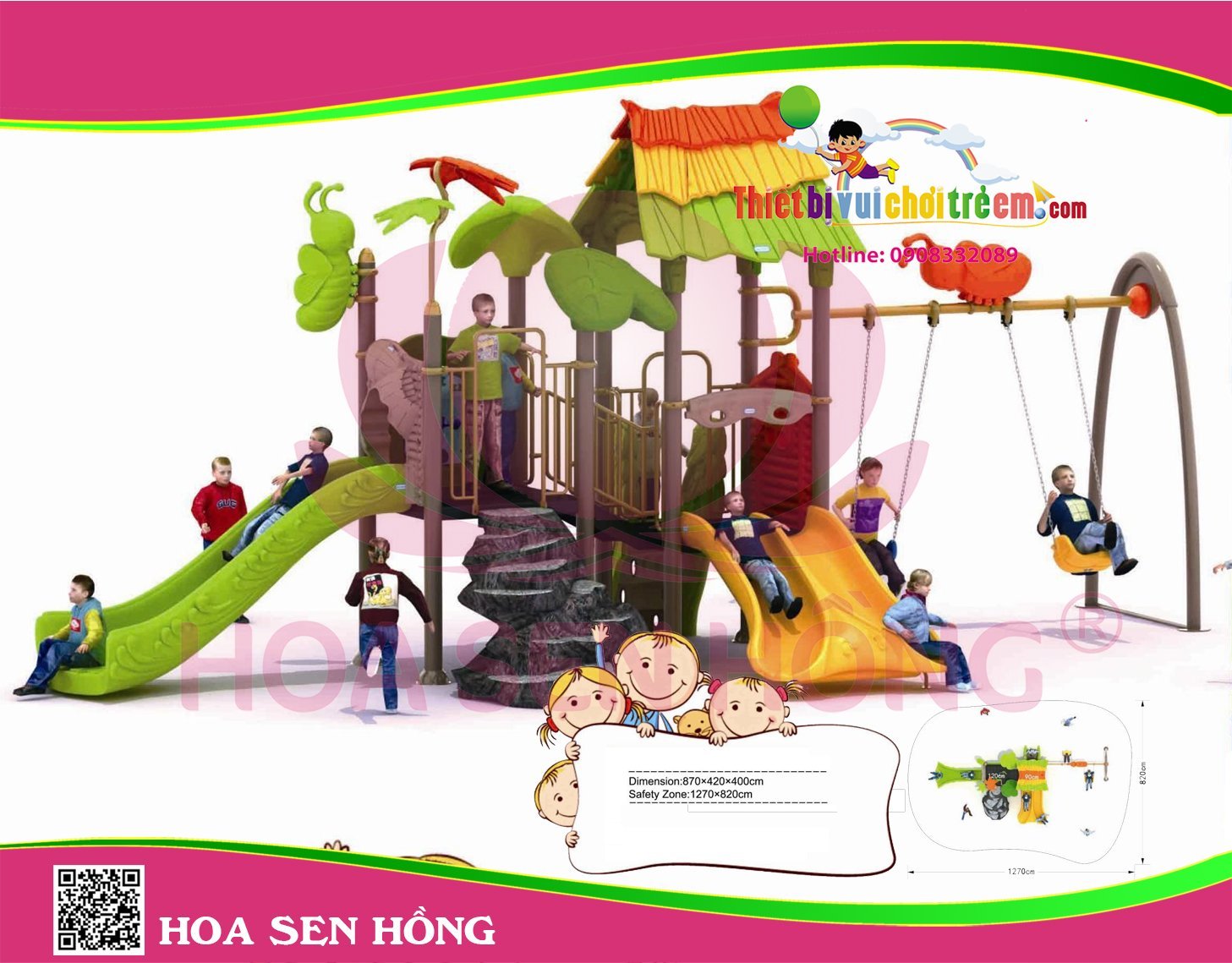 Cầu trượt liên hoàn ngoài trời OD-01-97 cho sân chơi ngoài trời khu chung cư, trường mầm non, resort, công viên – Hoa Sen Hồng