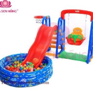 Cầu trượt xích đu PT-026-09 cho trường mầm non, nhóm trẻ – Hoa Sen Hồng